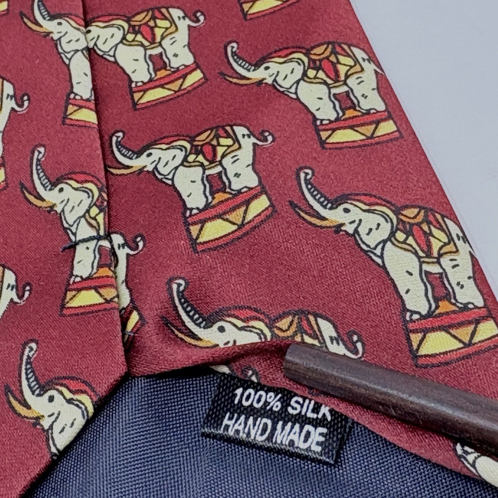 Rene Chagal Silk Italian Design Necktie Animal Print Elephants Handmade Maroon - Picture 5 of 7